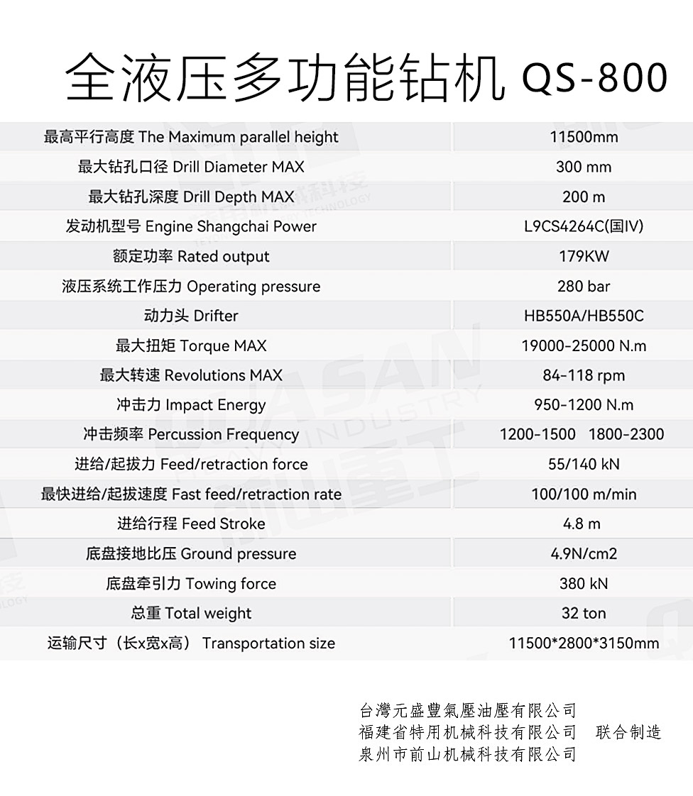 QS800全液压钻机技术参数